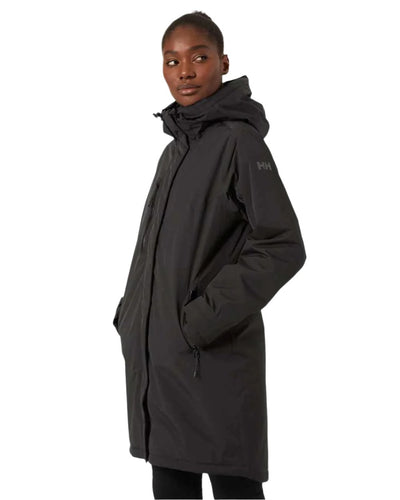 Black coloured Helly Hansen Adore Ladies Insulated Rain Coat on white background #colour_black