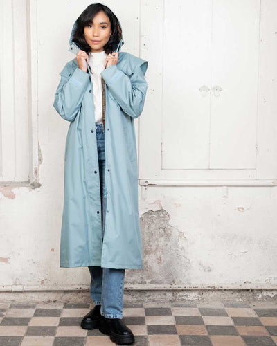 Smokey Blue coloured Jack Murphy Malvern Ladies Waterproof Bush Coat on white background #colour_smokey-blue