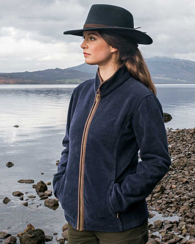 Navy coloured Hoggs of Fife Stenton Ladies Fleece Jacket on sea background #colour_navy