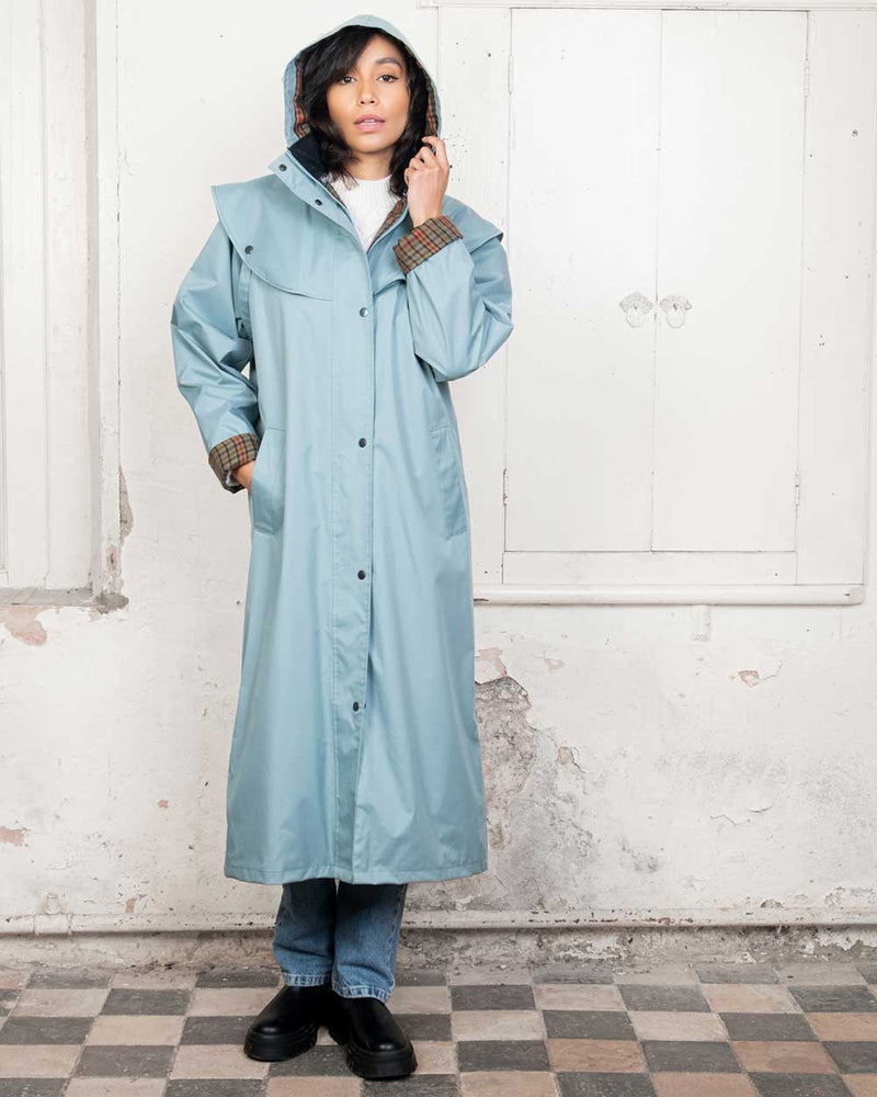 Smokey Blue coloured Jack Murphy Malvern Ladies Waterproof Bush Coat on white background 