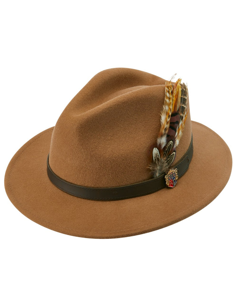 Camel coloured Alan Paine Ladies Richmond Felt Hat on white background 