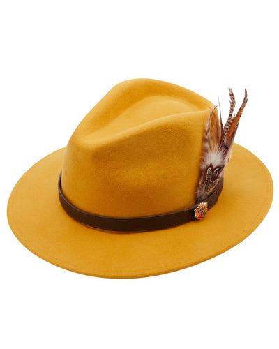 Mustard coloured Alan Paine Ladies Richmond Felt Hat on white background #colour_mustard