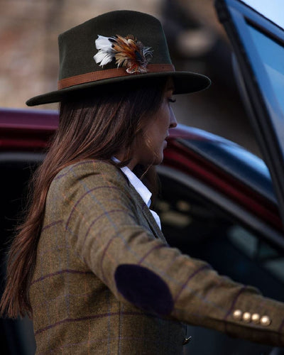 Olive coloured Alan Paine Ladies Richmond Felt Hat on blurry background #colour_olive