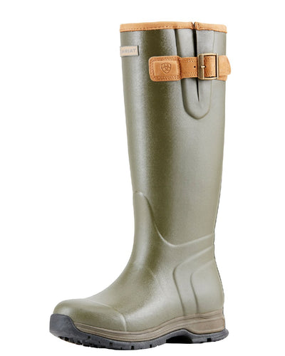 Olive Green coloured Ariat Women's Burford Insulated Wellington Boots on white background #colour_olive-green