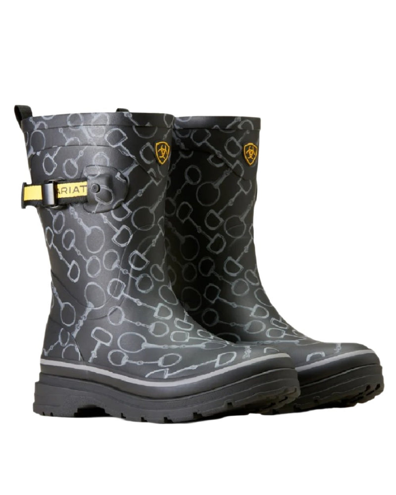 Black Bit Print coloured Ariat Womens Burford Wellington Boots on white background 