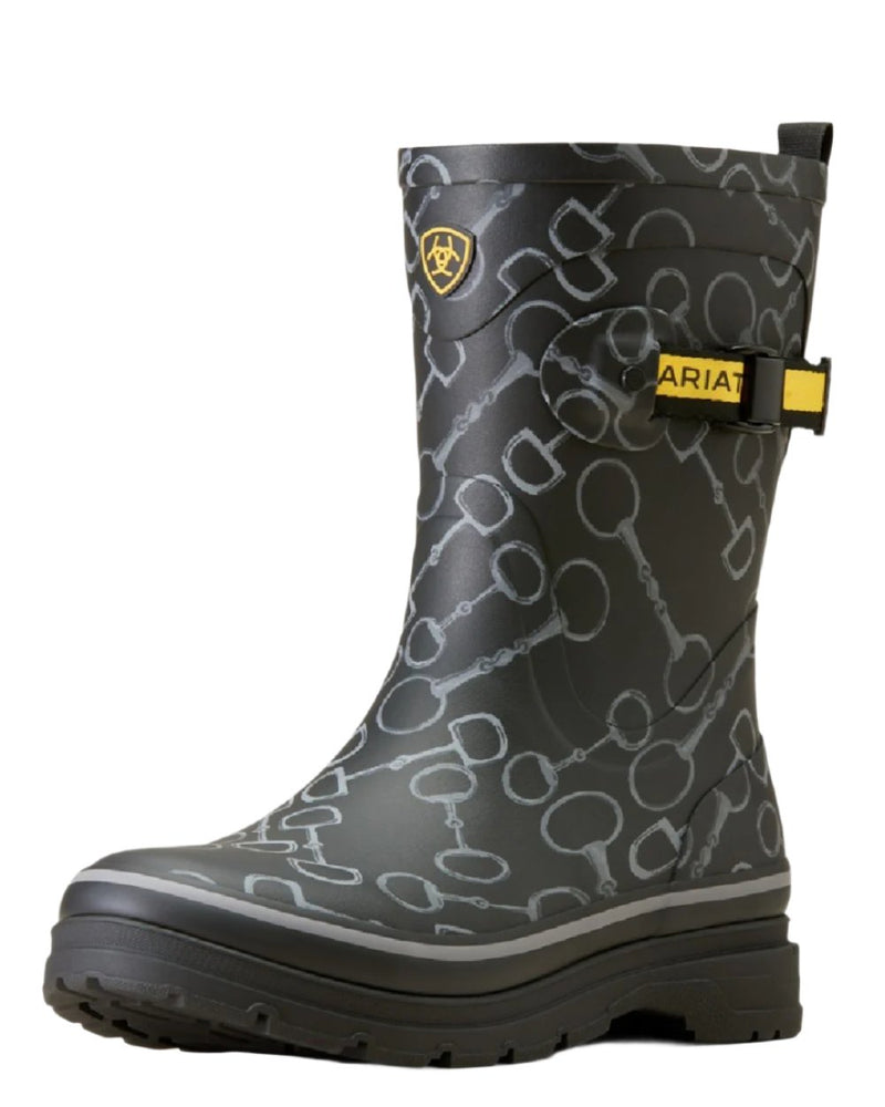 Black Bit Print coloured Ariat Womens Burford Wellington Boots on white background 