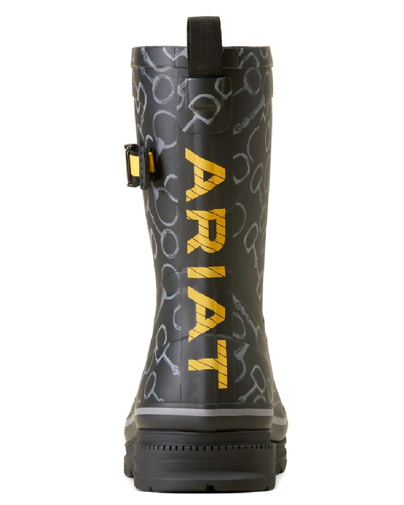 Black Bit Print coloured Ariat Womens Burford Wellington Boots on white background 