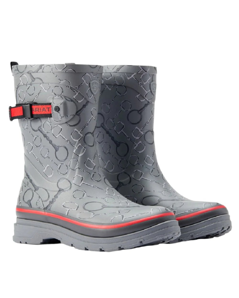 Grey Bit Print coloured Ariat Womens Burford Wellington Boots on white background 