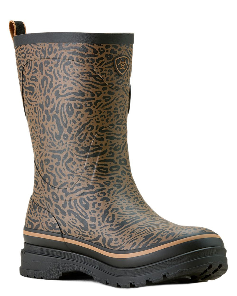 Ocelot Print coloured Ariat Womens Burford Wellington Boots on white background 