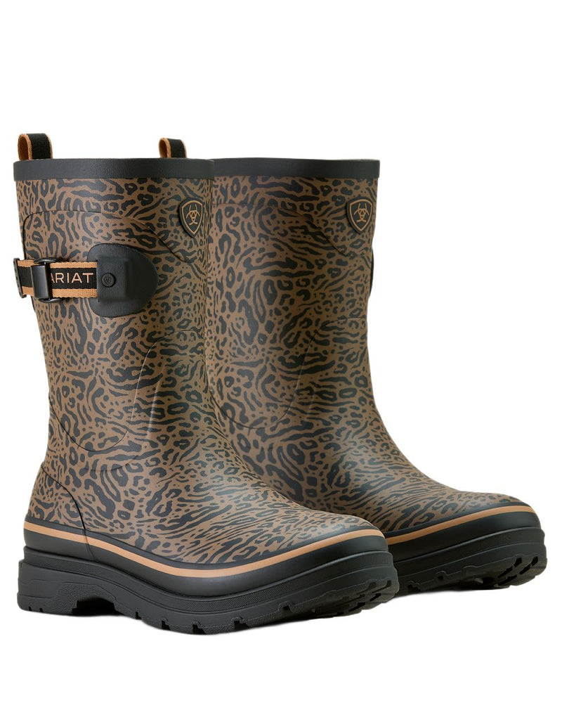 Ocelot Print coloured Ariat Womens Burford Wellington Boots on white background 