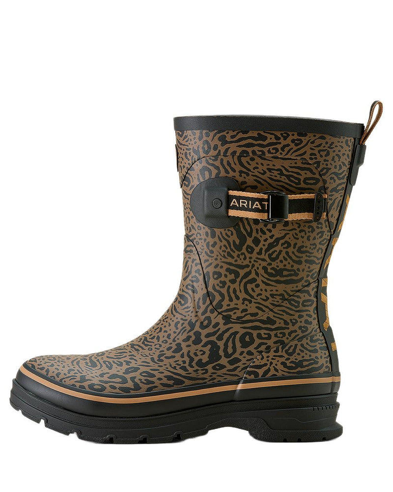 Ocelot Print coloured Ariat Womens Burford Wellington Boots on white background 