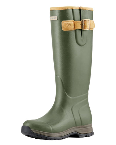 Olive Green coloured Ariat Womens Burford Wellington Boots on white background #colour_olive-green