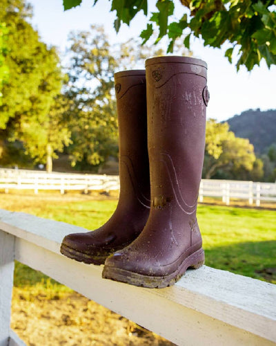 Maroon coloured Ariat Womens Kelmarsh Wellington Boots on fence background #colour_maroon