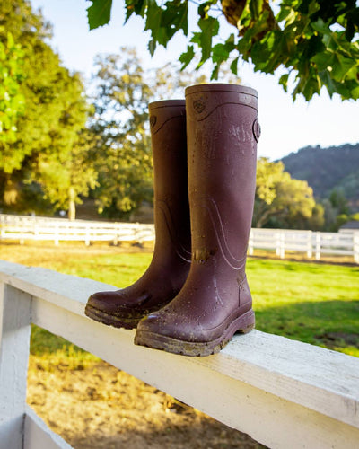 Maroon coloured Ariat Womens Kelmarsh Wellington Boots on Horse Pen background #colour_maroon