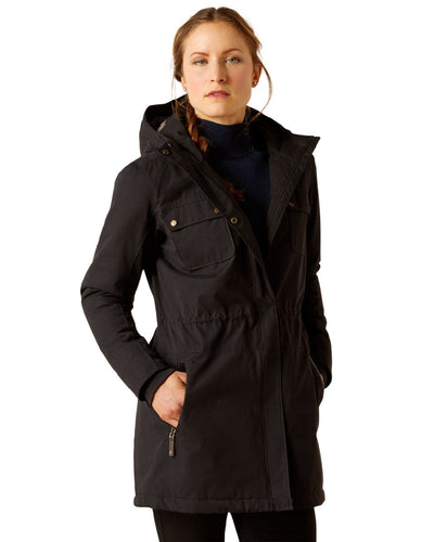 Black Coloured Ariat Womens Argentium Waterproof Parka On A White Background #colour_black