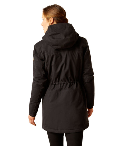 Black Coloured Ariat Womens Argentium Waterproof Parka On A White Background #colour_black