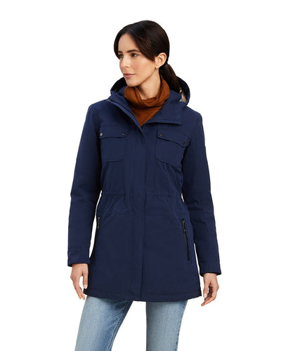 Navy Coloured Ariat Womens Argentium Waterproof Parka On A White Background #colour_navy