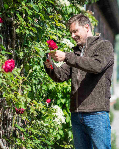 Chocolate Coloured Baleno Henry Fleece Jacket on garden background #colour_chocolate