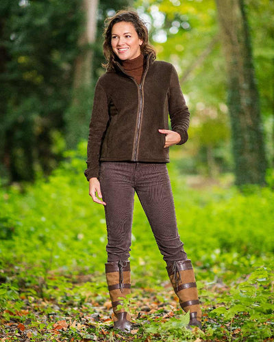 Chocolate Coloured Baleno Sarah Fleece Jacket on forest background #colour_chocolate