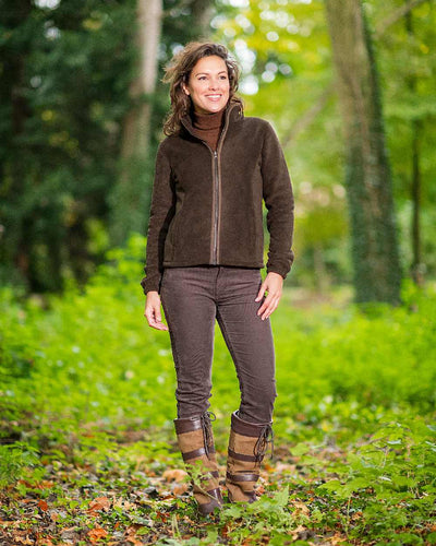 Chocolate Coloured Baleno Sarah Fleece Jacket on forest background #colour_chocolate