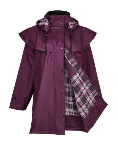 Plum coloured Champion Windsor Ladies' Three-Quarter Length Waterproof Coat on white background #colour_plum