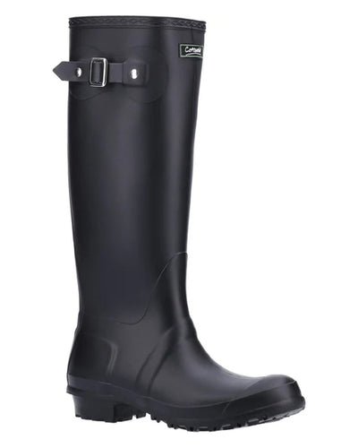 Black coloured Cotswold Sandringham Buckle Strap Wellingtons on white background #colour_black