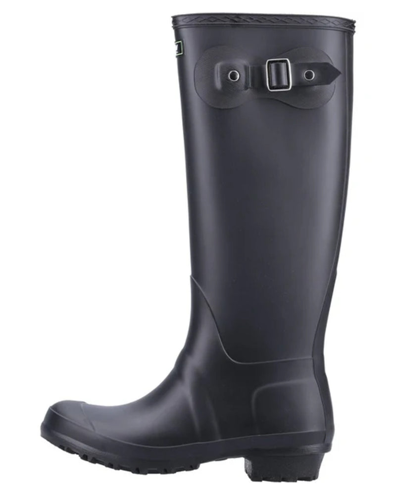 Black coloured Cotswold Sandringham Buckle Strap Wellingtons on white background 