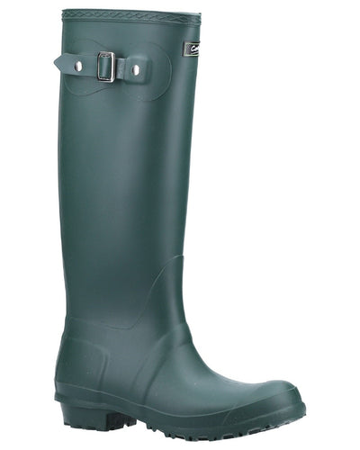 Green coloured Cotswold Sandringham Buckle Strap Wellingtons on white background #colour_green