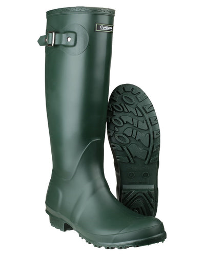 Green coloured Cotswold Sandringham Buckle Strap Wellingtons on white background #colour_green