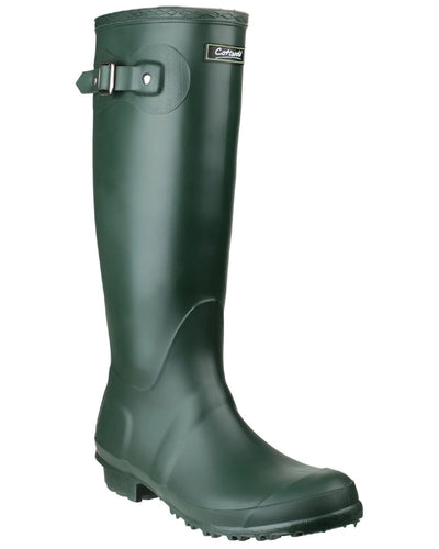 Green coloured Cotswold Sandringham Buckle Strap Wellingtons on white background #colour_green