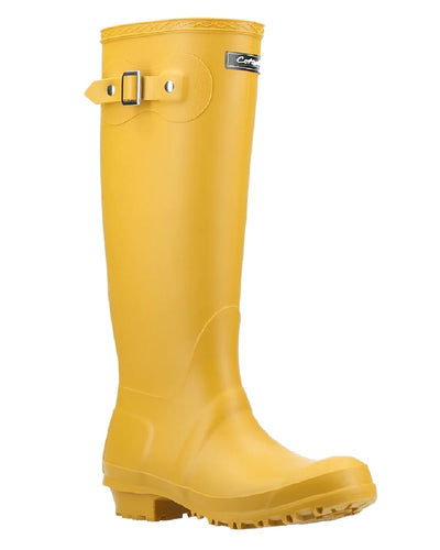 Mustard coloured Cotswold Sandringham Buckle Strap Wellingtons on white background #colour_mustard