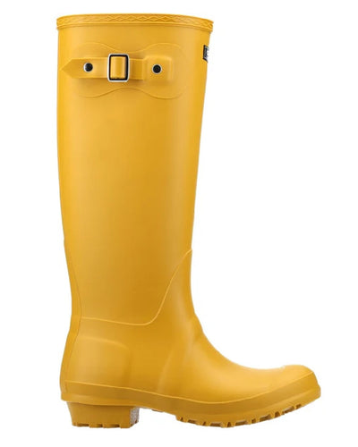 Mustard coloured Cotswold Sandringham Buckle Strap Wellingtons on white background #colour_mustard