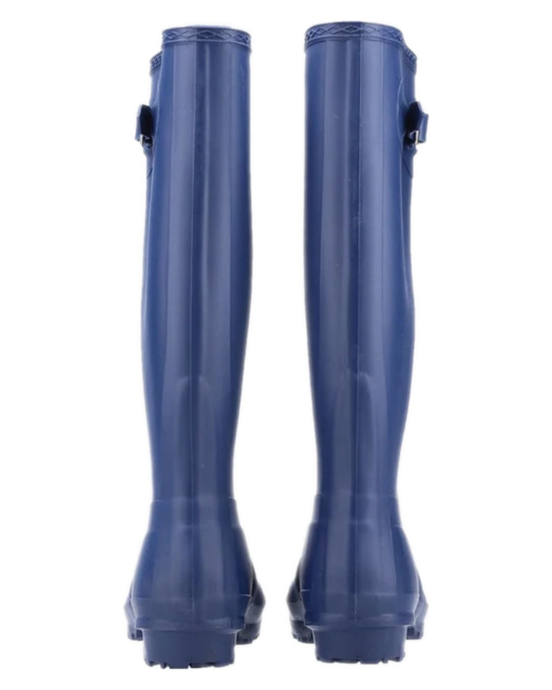 Navy coloured Cotswold Sandringham Buckle Strap Wellingtons on white background 