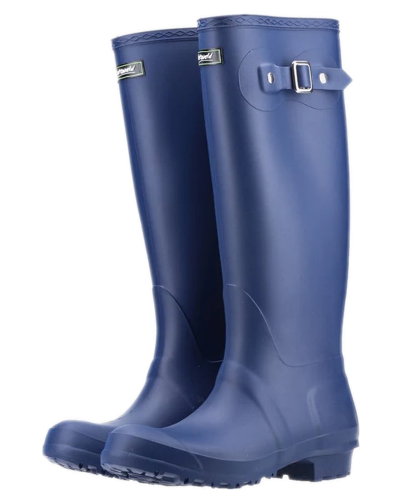 Navy coloured Cotswold Sandringham Buckle Strap Wellingtons on white background 