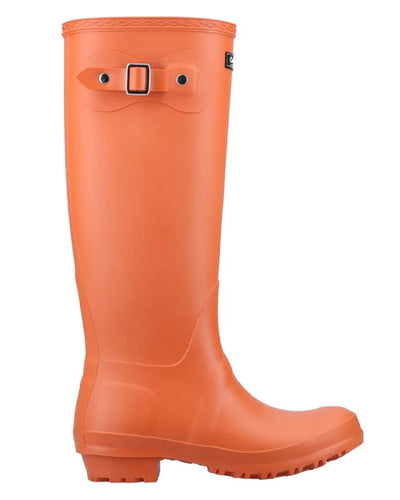 Pumpkin coloured Cotswold Sandringham Buckle Strap Wellingtons on white background #colour_pumpkin