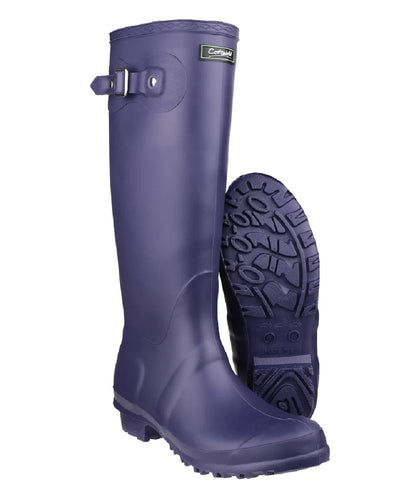 Purple coloured Cotswold Sandringham Buckle Strap Wellingtons on white background #colour_purple