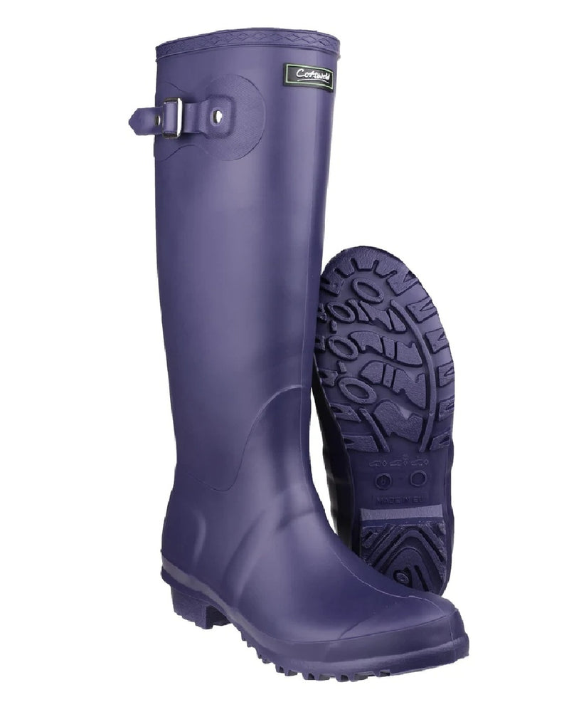 Purple coloured Cotswold Sandringham Buckle Strap Wellingtons on white background 