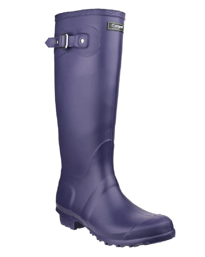 Purple coloured Cotswold Sandringham Buckle Strap Wellingtons on white background #colour_purple