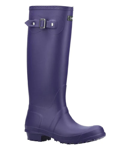 Purple coloured Cotswold Sandringham Buckle Strap Wellingtons on white background #colour_purple