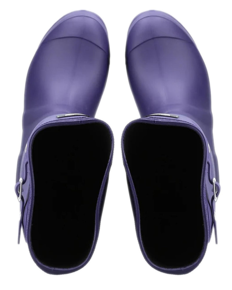 Purple coloured Cotswold Sandringham Buckle Strap Wellingtons on white background 