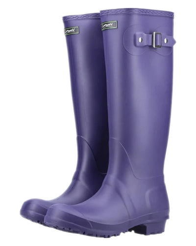 Purple coloured Cotswold Sandringham Buckle Strap Wellingtons on white background #colour_purple