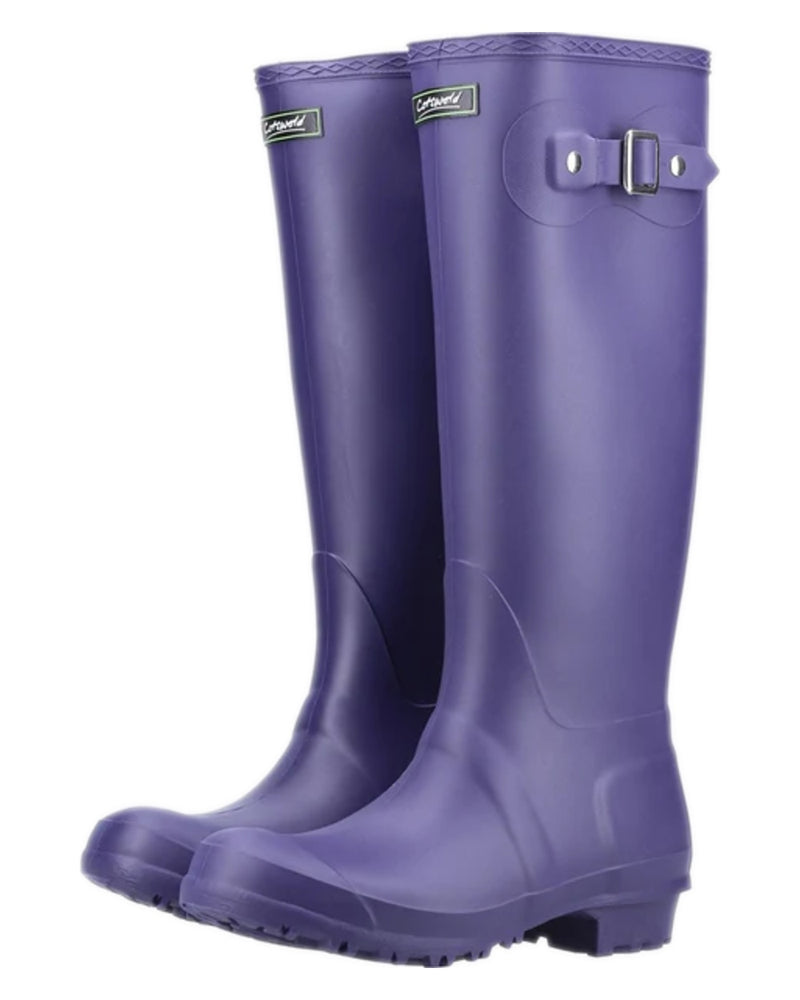 Purple coloured Cotswold Sandringham Buckle Strap Wellingtons on white background 