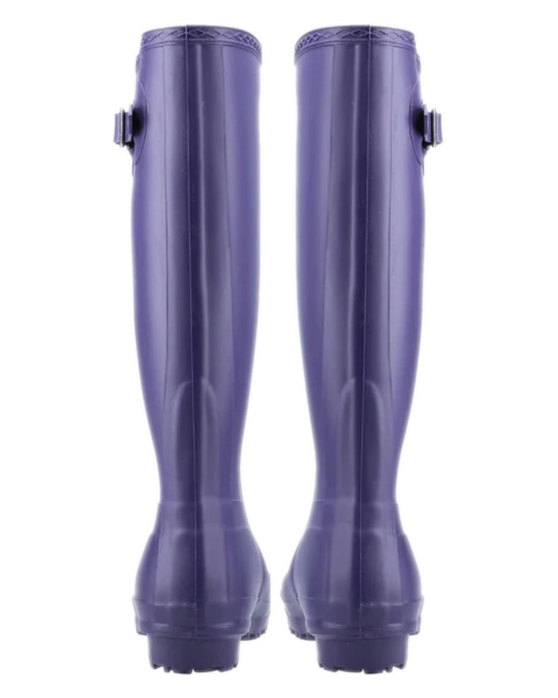 Purple coloured Cotswold Sandringham Buckle Strap Wellingtons on white background 