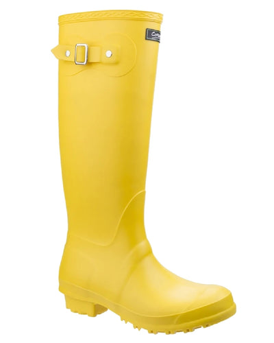 Yellow coloured Cotswold Sandringham Buckle Strap Wellingtons on white background #colour_yellow