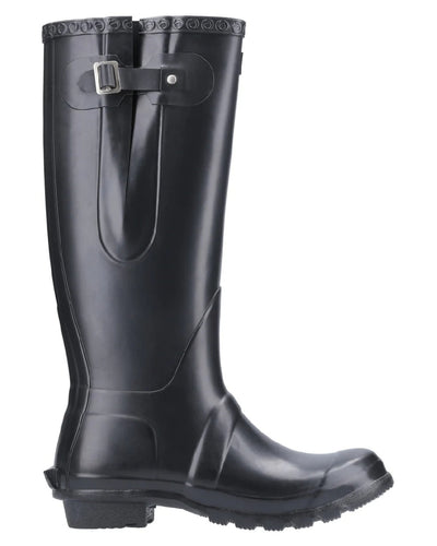 Black coloured Cotswold Windsor Buckle Strap Rubber Wellingtons on white background #colour_black