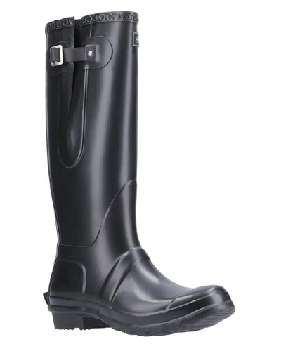 Black coloured Cotswold Windsor Buckle Strap Rubber Wellingtons on white background #colour_black