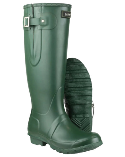 Green coloured Cotswold Windsor Buckle Strap Rubber Wellingtons on white background #colour_green