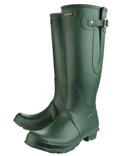 Green coloured Cotswold Windsor Buckle Strap Rubber Wellingtons on white background #colour_green