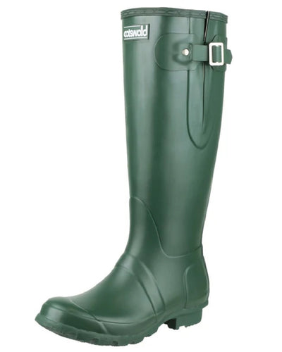 Green coloured Cotswold Windsor Buckle Strap Rubber Wellingtons on white background #colour_green