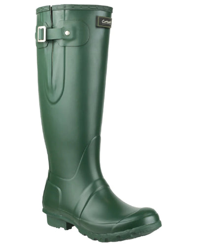 Green coloured Cotswold Windsor Buckle Strap Rubber Wellingtons on white background #colour_green